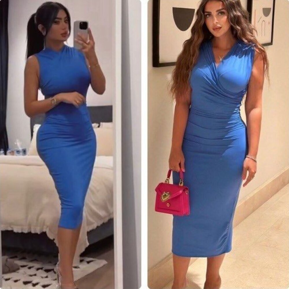 Zara Draped Stretch Midi Dress Blue Size Medium Blogger Fav